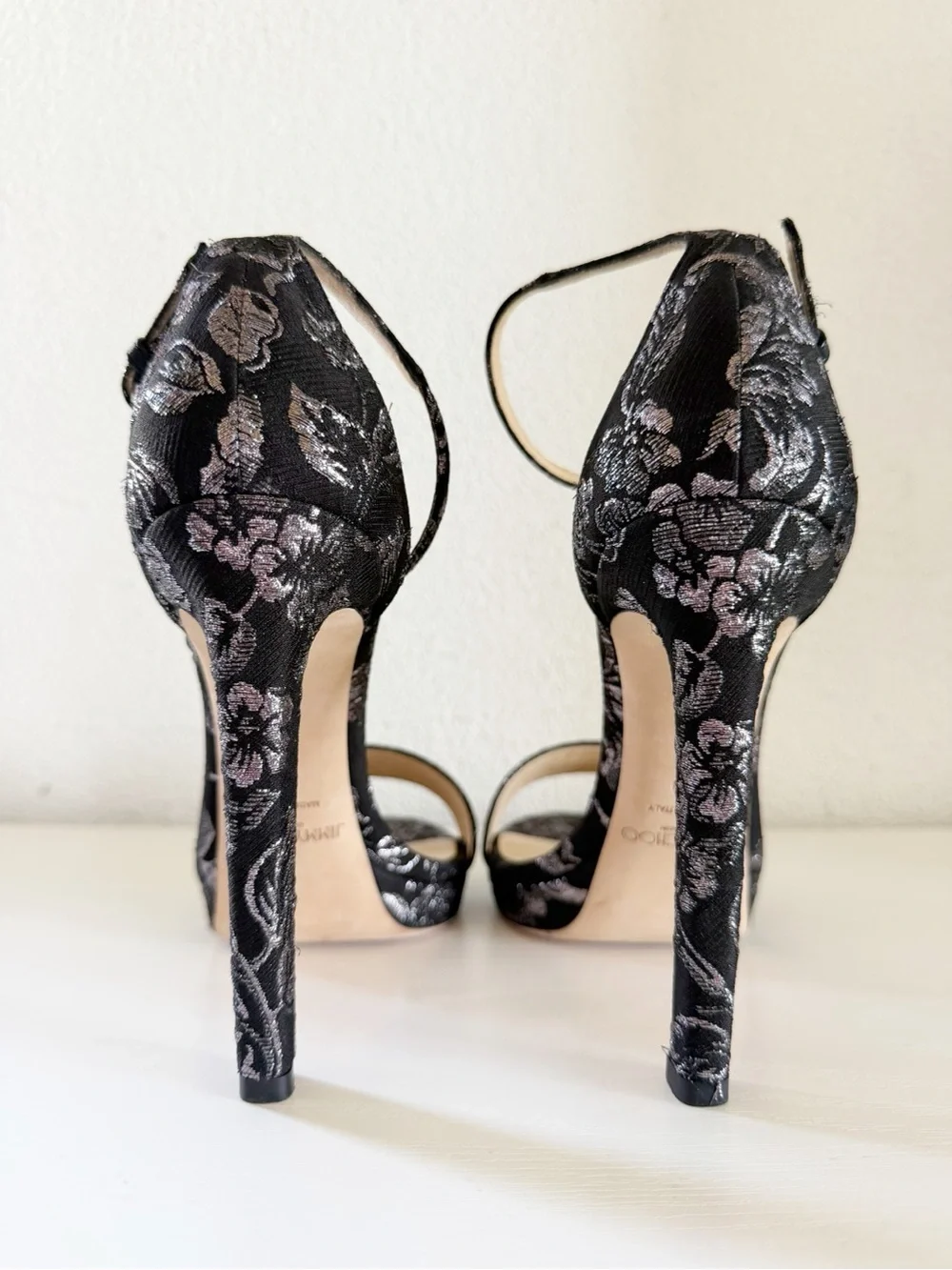 Jimmy Choo Misty Platform Sandals Black Silver Brocade Ankle Strap EU 39